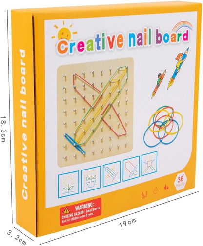 Wooden Geoboard - Montessori Toys for 3~6 Year Old Kids and Toddlers, Educational Toy with 24 Pattern Cards and 60 Rubber Bands to Create Figures, Brain Teaser STEM Toy Geo Board
