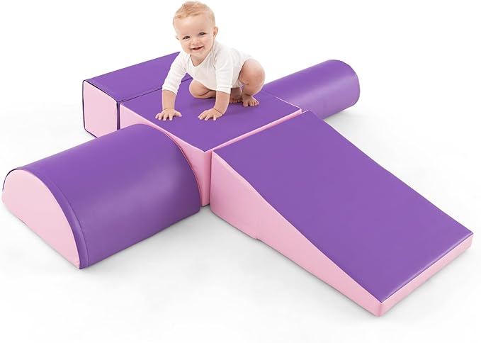 HONEY JOY 5-Piece Climb and Crawl Playset, Soft Climbing Foam Block Activity Play Structure Gym Equipment for Infant Baby, Color Coordination, Waterproof Indoor Climbing Toys for Toddlers (Purple)