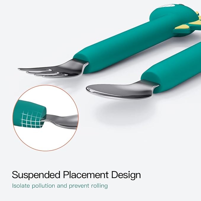 Forks and Spoons Cartoon Set Stainless Steel Utensils Flatware Round Handle Utensils Silverware Flatware Cutlery Set for Home, Kitchen and Restaurant (Pink Dinosaur - Long)