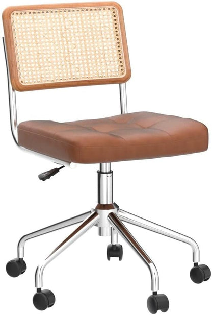 Zesthouse Mid Century Home Office Chair Leather Desk Chair with Rattan Back, Vanity Chair for Girls Women, Upholstered Swivel Chair, Adjustable Height Computer Task Chair