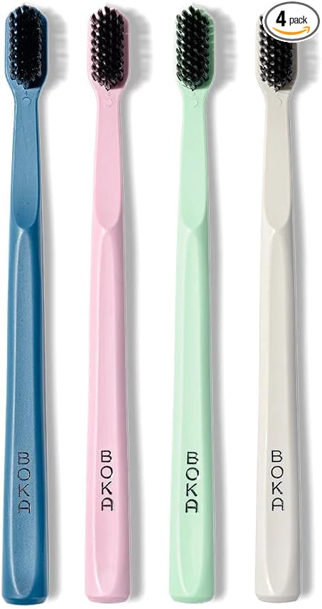 Boka Classic Manual Toothbrush with Extra Soft Activated-Charcoal, Tapered Bristles, Bioplastic Handle That Includes Travel Cap, Dentist-Approved, Great for Adults and Kids, Multi Color (Pack of 4)