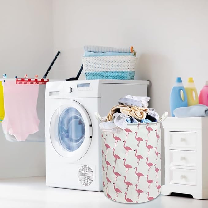 CLOCOR Large Pink Flamingo Laundry Hamper, Baby Girl Laundry Basket,Kids Toy Storage Bins,Nursery Decor,Bedroom,Bathroom,Gift Basket (White Flamingo)