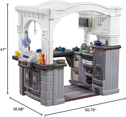 Step2 Grand Walk-in Kitchen & Grill Kids Playset, Indoor/Outdoor Kitchenette, Interactive Play with Lights and Sounds, Durable Plastic, 103 Piece Toy Accessories, Toddlers 2+ Years Old, Gray/White