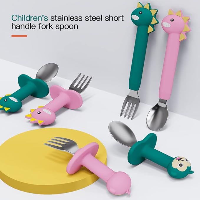 Baby Forks and Spoons Set Baby Training Utensils Self Feeding Toddler Silverware Silicone and Stainless Steel Kids and Toddler Utensil (Pink Dinosaur - Short)