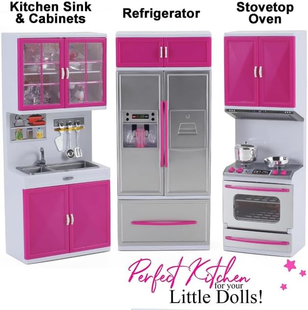 Liberty Imports Doll Kitchen Playset for Kids, My Modern Mini Kitchen House Furniture Pretend Play Toy Accessories Set with Realistic Lights & Sounds for Toddlers, Girls (3-in-1)