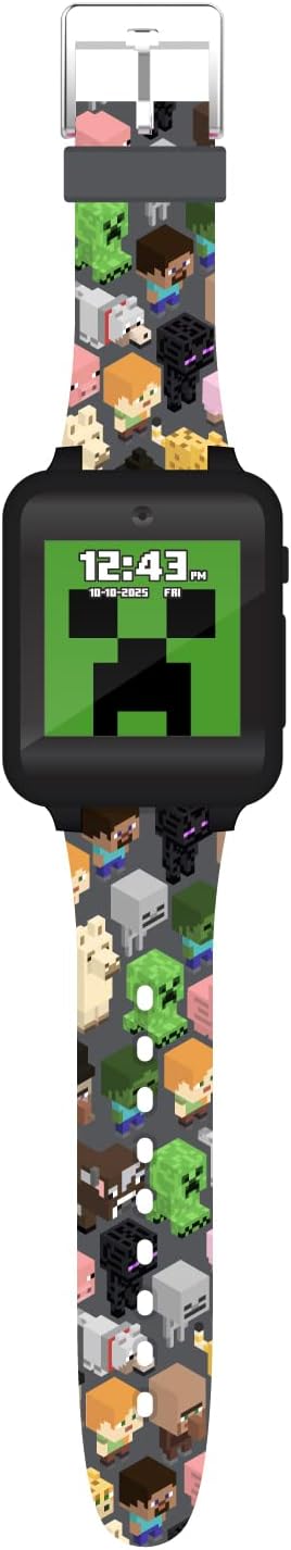 Minecraft Kids LED Smartwatch Interactive Gaming-Themed Watch 10 Changeable Faces, Step Counter, Calculator, Games, Selfie Cam, Alarm & Timer, Printed Silicone Straps – Fits Wrists 5.5"-8.0"