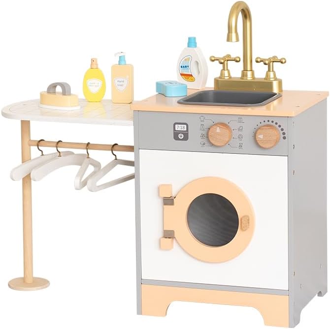 Wooden Mini Washing Machine Toy for Toddlers - 18in-High Toy Laundry Set - Compact Toddler Kitchen Laundry Playset - Quick Assembly & Safe Design Role-Playing Gift for Boys & Girls