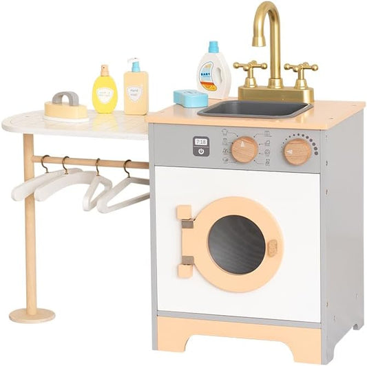 Wooden Mini Washing Machine Toy for Toddlers - 18in-High Toy Laundry Set - Compact Toddler Kitchen Laundry Playset - Quick Assembly & Safe Design Role-Playing Gift for Boys & Girls