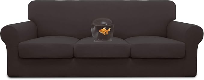 Easy-Going 100% Dual Waterproof Stretch Soft Couch Cover for Dogs, Sofa Slipcover for 3 Separate Cushion Couch Leakproof Furniture Protector for Kids, Pets Chocolate