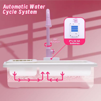 Play Kitchen Sink Toys with Running Water, Toddler Electric Dishwasher Playing Toy with Cutting Foods, 33 PCS Pretend Role Play Accessories Set, Learning Gift for Girls Boys (Pink)