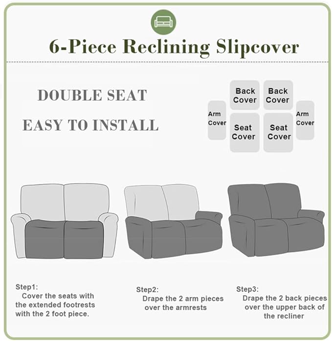 vctops 6 Pieces Jacquard Plush Recliner Loveseat Slipcover Stretch Soft Sofa Couch Cover Anti-Slip Solid Color Furniture Protector with Elastic Bottom for Kids Cats Dogs(Lake Blue,2 Seat)