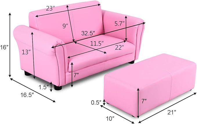 Costzon Kids Couch with Footstool, 2 in 1 Double Seat Children's Sofa w/PU Leather Surface, Armrest Chair Lounge, Soft Kids Sofa for Preschool Bedroom Kids Room Toddlers Boys Girls Birthday (Pink)