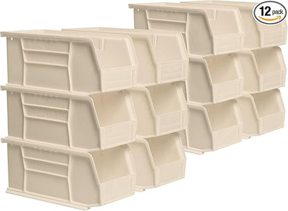 Akro-Mils 30230 AkroBins Plastic Storage Bins, Space-Saving Stackable Bins for Garage, Pantry, Craft Organization, 11" x 5" x 5", Stone, 12-Pack