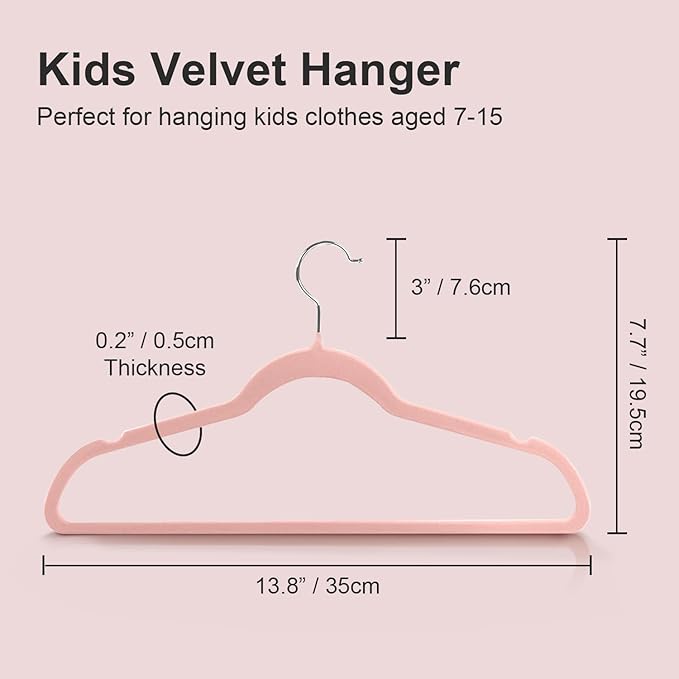 Baby Velvet Hangers, 14 Inches Kids Clothes Hangers, Non-Slip Childrens Hangers for Shirts, Pants, Skirts, Dresses, Jackets, Coat, 32 Pack Pink