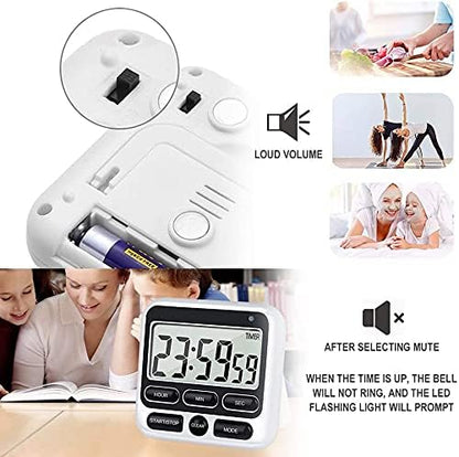 Digital Kitchen Timer with Mute/Loud Alarm Switch ON/Off Switch, 12 Hour Clock & Alarm, Strong Magnet and Simple Operation, Count Up & Count Down for Kids Teachers Cooking, Large LCD Display (Black)