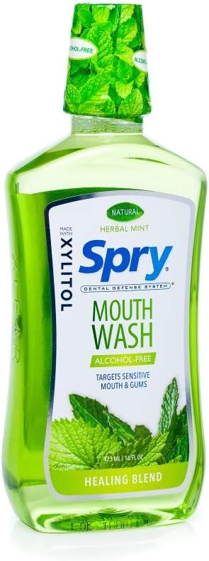 Spry Xylitol Mouthwash Fluoride Free with Enamel Support, Gentle, Natural Healing Herbal Mint - 16 fl oz (Pack of 2)