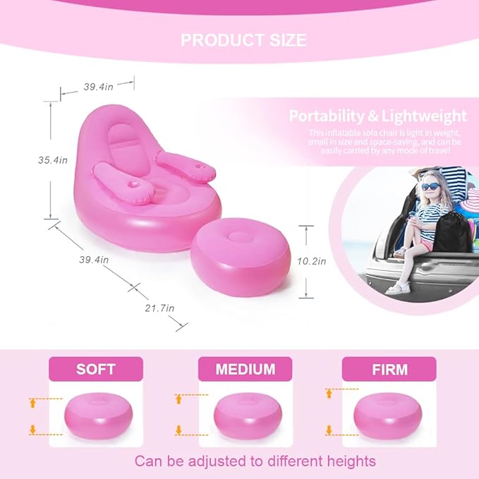 Nevife Inflatable Lounge Chair with Ottoman & Cup Holder, Portable Blow Up Sofa, Air Chaise Lounge,Lazy Couch for Camping,Gaming,Lunch Break,Garden,Party,Enjoy Sunbathing (Pump Not Incl.)-Pink
