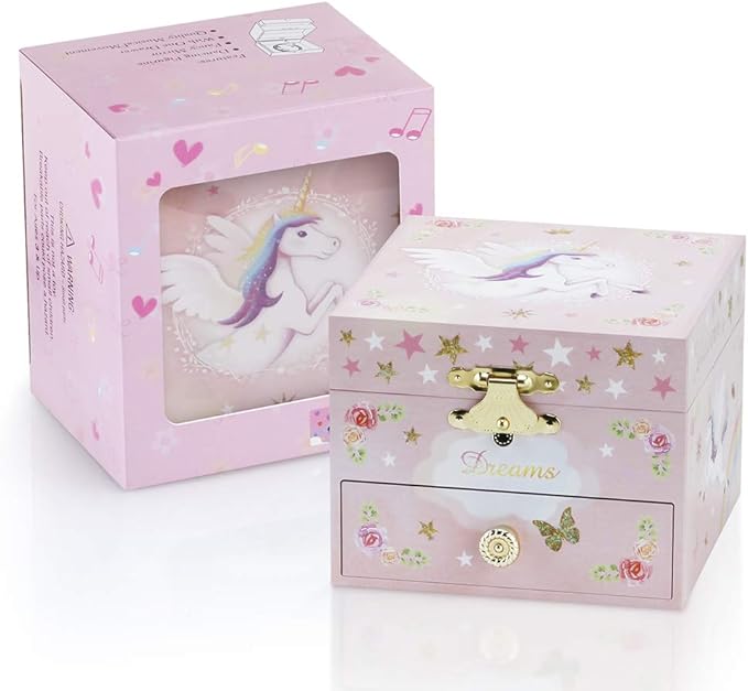 RR ROUND RICH DESIGN Kids Musical Jewelry Box for Girls with Drawer and Jewelry Set with Mysterious Unicorn - Over the Waves Tune Pink