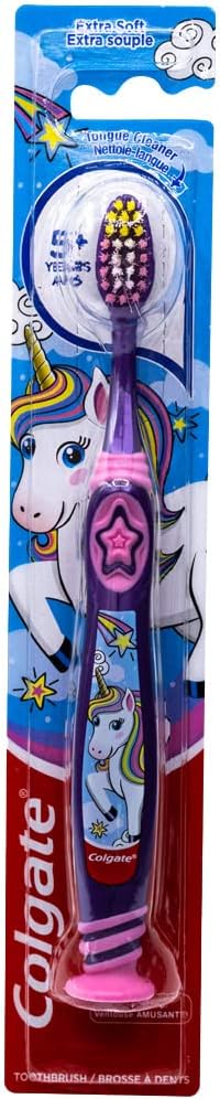 Colgate Kids Unicorn Toothbrush, with Suction Cup for Children 5+ Years Old, Extra Soft (Colors Vary) - Pack of 2