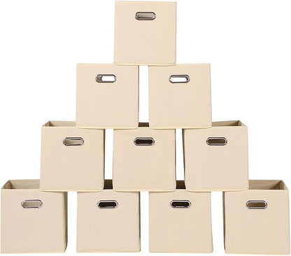 Fabric storage bins Cubes, Fabric Cube Organizer with Handle, Foldable Cube Bins for Cloth or Accessary Storage, 11x11x11, Set of 10, (Creamy White)