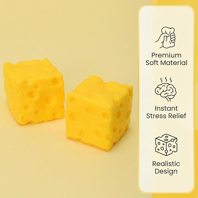 Yellow Cheese Squeeze Toy, Soft Rebound Squishy Cheese Cube, Food Theme Fidget Toy for Stress Relief & Relaxation, Portable Sensory Squishy Stress Ball for Adults, 2 Pack