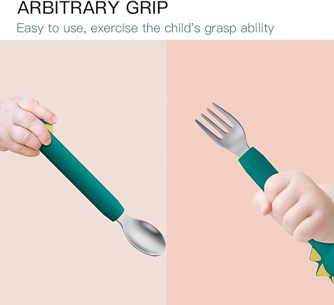 Forks and Spoons Cartoon Set Stainless Steel Utensils Flatware Round Handle Utensils Silverware Flatware Cutlery Set for Home, Kitchen and Restaurant (Pink Dinosaur - Long)