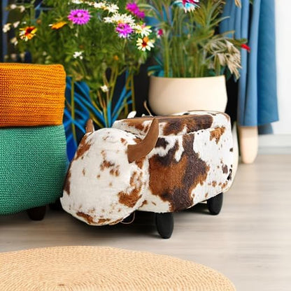 GIA Ottoman with Storage, Foot Stand and Wooden Legs, Shorthorn Dairy Cow, Brown and White