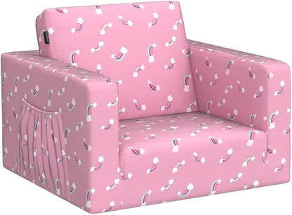 MallBest Kids Sofas Toddler Couch Bed Baby's Upholstered Chair Sleepover Couch Flipout Open Recliner(Pink/Rainbow)…