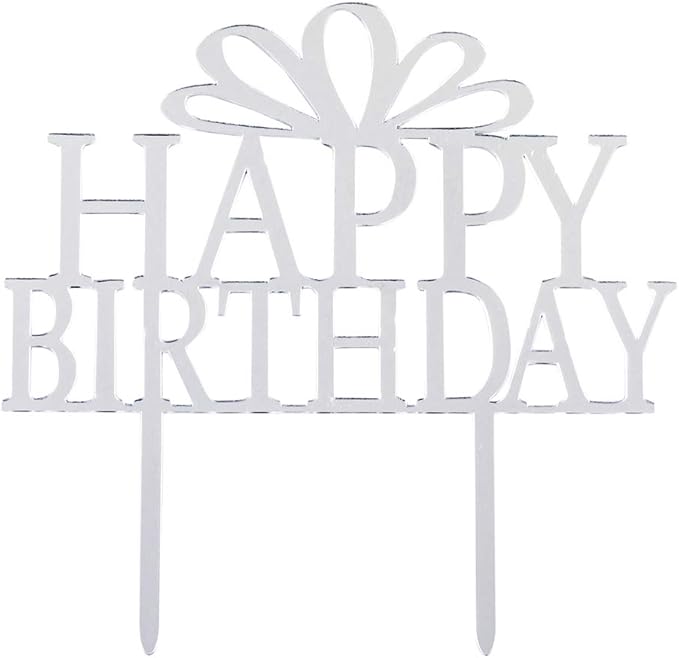 Restaurantware Top Cake 6 x 5.8 Inch Happy Birthday Cake Topper 1 Mirrored Birthday Cake Decoration - With Bow Durable Silver Acrylic Birthday Topper For Dessert And Party Decorations