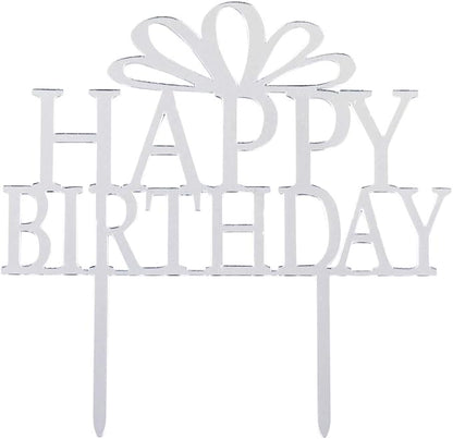 Restaurantware Top Cake 6 x 5.8 Inch Happy Birthday Cake Topper 1 Mirrored Birthday Cake Decoration - With Bow Durable Silver Acrylic Birthday Topper For Dessert And Party Decorations