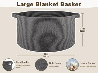 OIAHOMY 105L Blanket Basket for Living Room, Large Basket 23.6" x 23.6" x 14.6" with Handle, Laundry Hamper for Blankets, Pillows, Toy Storage for Kids, Dogs - Grey