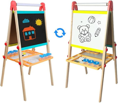 Beipoo All-in-One Art Easel for Kids, Double Sided Wooden Kids Easel, Art Easel for Painting, Toddler Art Easel, Kids Easel with Paper roll Art Easel for Kids Ages 2-4 4-8 8-12