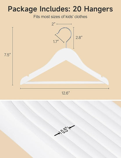 StorageWorks Baby Clothes Hangers, Kids Wooden Hangers with Pant Bar, 20-Pack Natural Wood Hangers for Toddler, Children's Coat Hangers for Closet, Solid Maple Wood Baby Hangers, White