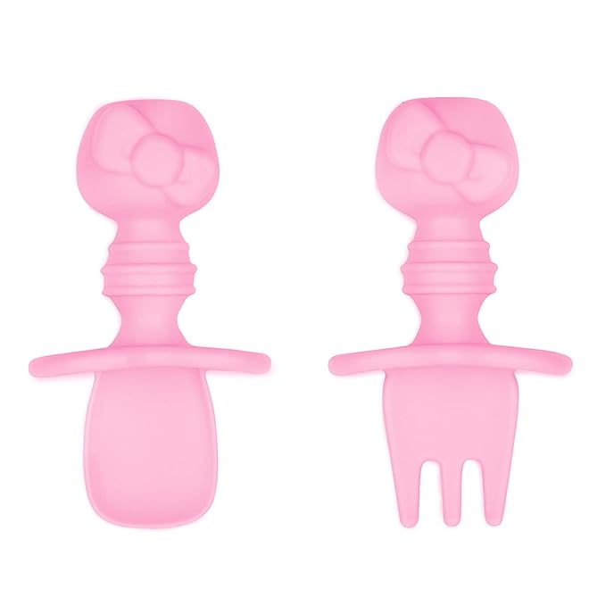 Bumkins Baby Utensils Set, Chewtensils Silicone Spoons for Dipping, Self-Feeding, Baby Led Weaning, Trainer Learning, First Stage Eating, Soft Practice Fork and Spoon, 6 Months, Hello Kitty Pink