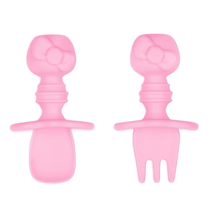 Bumkins Baby Utensils Set, Chewtensils Silicone Spoons for Dipping, Self-Feeding, Baby Led Weaning, Trainer Learning, First Stage Eating, Soft Practice Fork and Spoon, 6 Months, Hello Kitty Pink