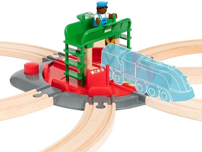 BRIO World 33476 - Turntable & Figure | 2 Piece Wooden Toy Train Accessory for Kids | Multiple Track Connection Points | Spacious Turntable | Poseable Train Engineer Figure | Ages 3 and Up