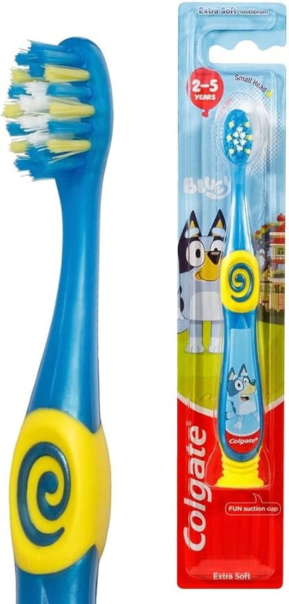 Colgate Bluey Toothbrush for Children with Suction Cup, Kids 2-5 Years Old, Extra Soft (Colors & Characters Very) - Pack of 3