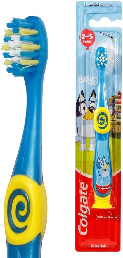 Colgate Bluey Toothbrush for Children with Suction Cup, Kids 2-5 Years Old, Extra Soft (Colors & Characters Vary) - 1 Count
