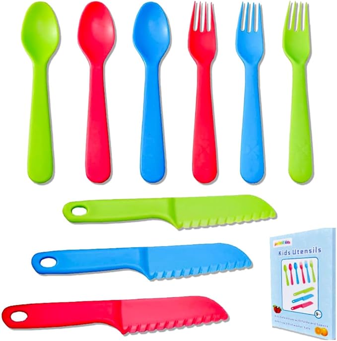 Kids Cutlery Set - Jawbush 9 Pcs Plastic Toddler Utensils Forks and Spoons with Knives for School Lunch Box Camping or Travel, Reusable Kids Silverware Set with Bright Colors, Dishwasher Safe