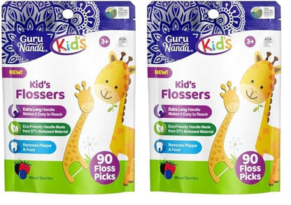 GuruNanda Dental Floss Picks for Kids, Extra-Long Giraffe-Shaped Picks with Fluoride, Anti-Slip & Shred-Resistant Design & Eco-Friendly Handle & Berry Flavor, Ideal for Ages 3+, 90 Count (Pack of 2)