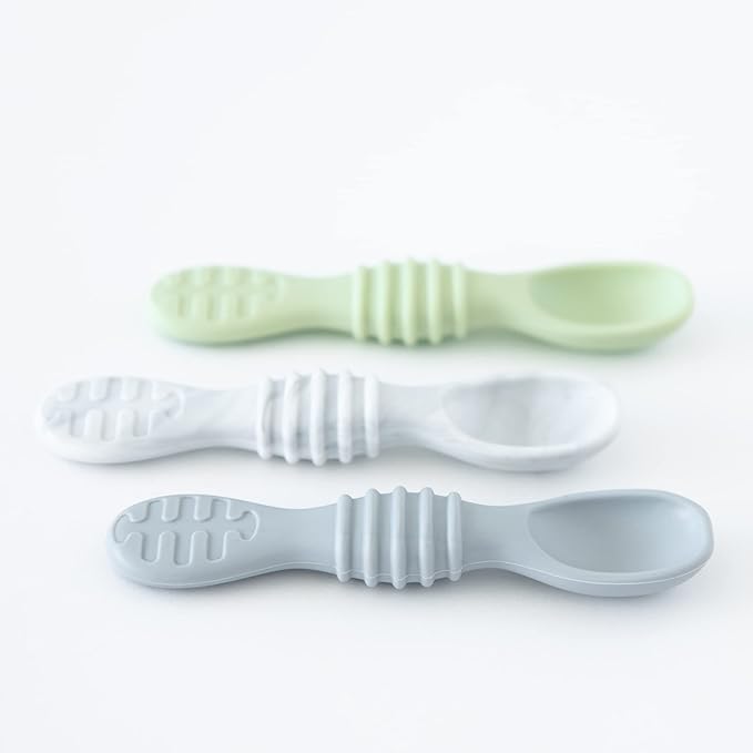 Bumkins Baby Utensil Set, Silicone Trainer Spoons for Dipping, Soft Tip, Self-Feeding, Chew, Baby Led Weaning, First Year Training Supplies, Essentials in Learning Eating, 4 Mos, 3-pk Gray and Green