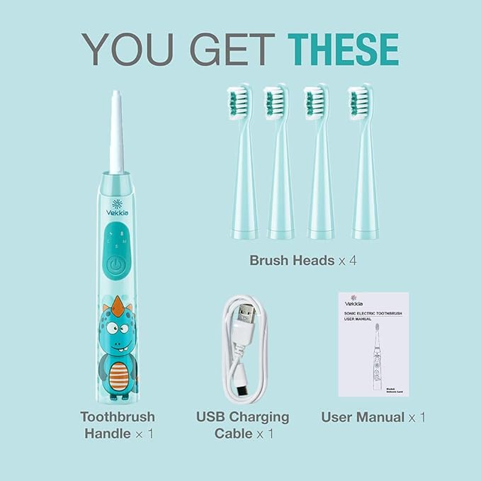 Vekkia Sonic Rechargeable Kids Electric Toothbrush, 3 Modes with Memory, Fun & Easy Cleaning, 24000 Strokes, IPX7 Waterproof, 2-Min Timer for Age 5+, 4 Soft Bristles(Blue)