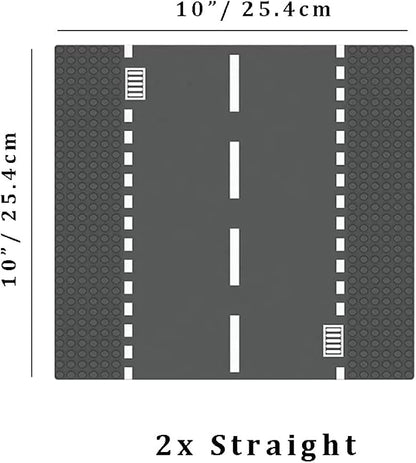 Classic City Street Baseplates 10” x 10” Building Brick Block Highway Race Track Base Plate Toy Kit, Compatible with Lego, 2 Straight + 4 Curved Road Baseplates