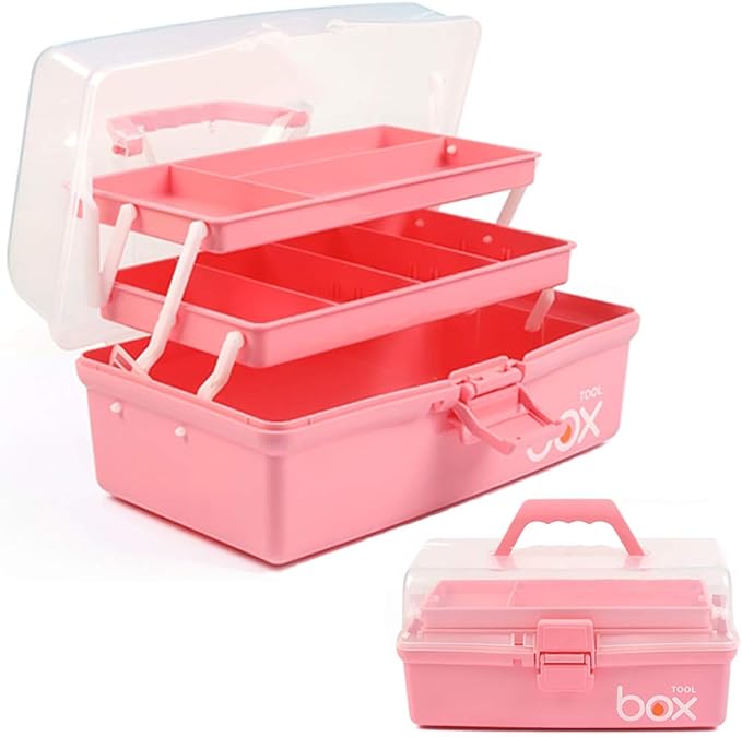 TERGOO 12in 3-Layer Plastic Craft Organizers and Storage, Portable Folding Tackle Box with Handle & Adjustable Dividers, Multipurpose Case for Sewing, Art Supplies, Medicine, Tools (Pink)