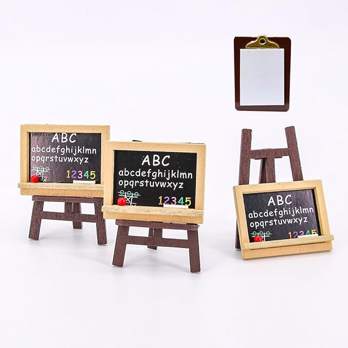 LOGOFUN Dollhouse School Supplies Set Miniature Blackboards Wooden Easel Painting Board Mini House Accessory