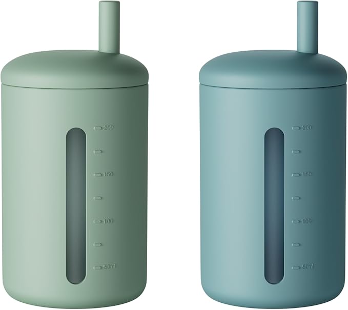 Silicone Straw Cup, 200ml Trainer Cup Toddler Training Straw Cup for Boys and Girls, Unbreakable, 100% Food Grade Silicone (Ether/Cambridge Blue)