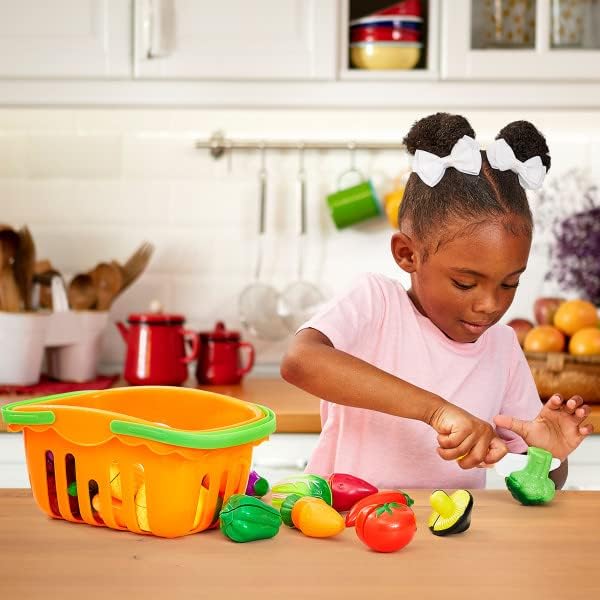 Hey! Play! 46-Piece Play Food Set - Includes 35 Cutting Play Food Toys, Grocery Basket, 3 Cutting Boards, 3 Knives, and 4 Dishes - for Ages 3 and Up, Orange (80-PP170010)