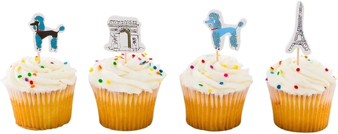 Restaurantware Top Cake 3.2 X 1.3 Inch Cake Toppers 24 Paris Theme Cake Topper Inserts - Durable Assorted Pieces Multicolor Paper Cake Decoration Birthday Baby Shower Wedding Supplies