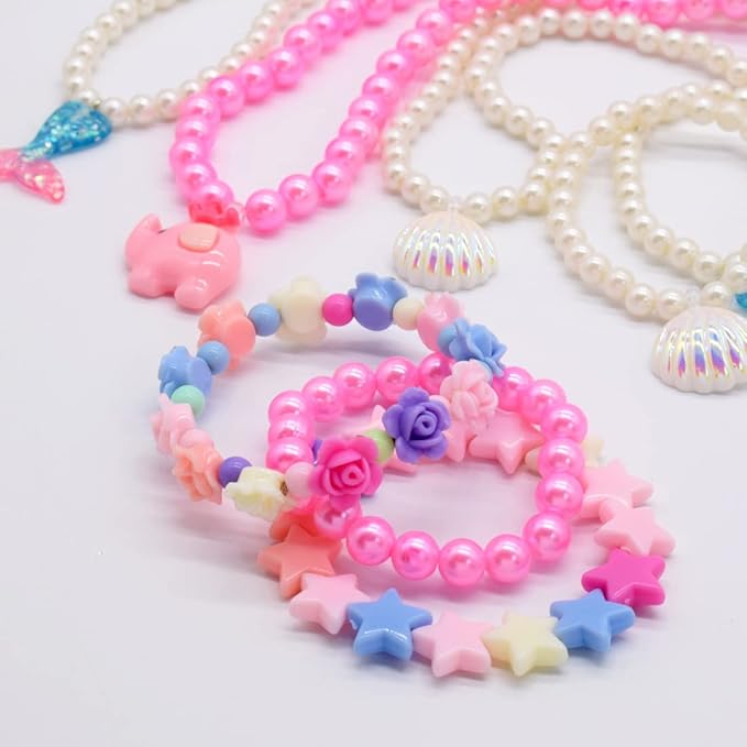 Little Girl Kids 3 Layer Lint Jewelry Box with Mirror and 35 Pieces Girl Princess Jewelry Dress Up Accessories Toy Playset Set