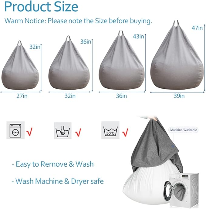 Stuffed Animal Storage Bean Bag Cover (No Filler) Extra Soft Beanbag Seat Chair Covers-Cotton Linen Memory Foam Beanbag Replacement Cover for Adults Children Without Filling